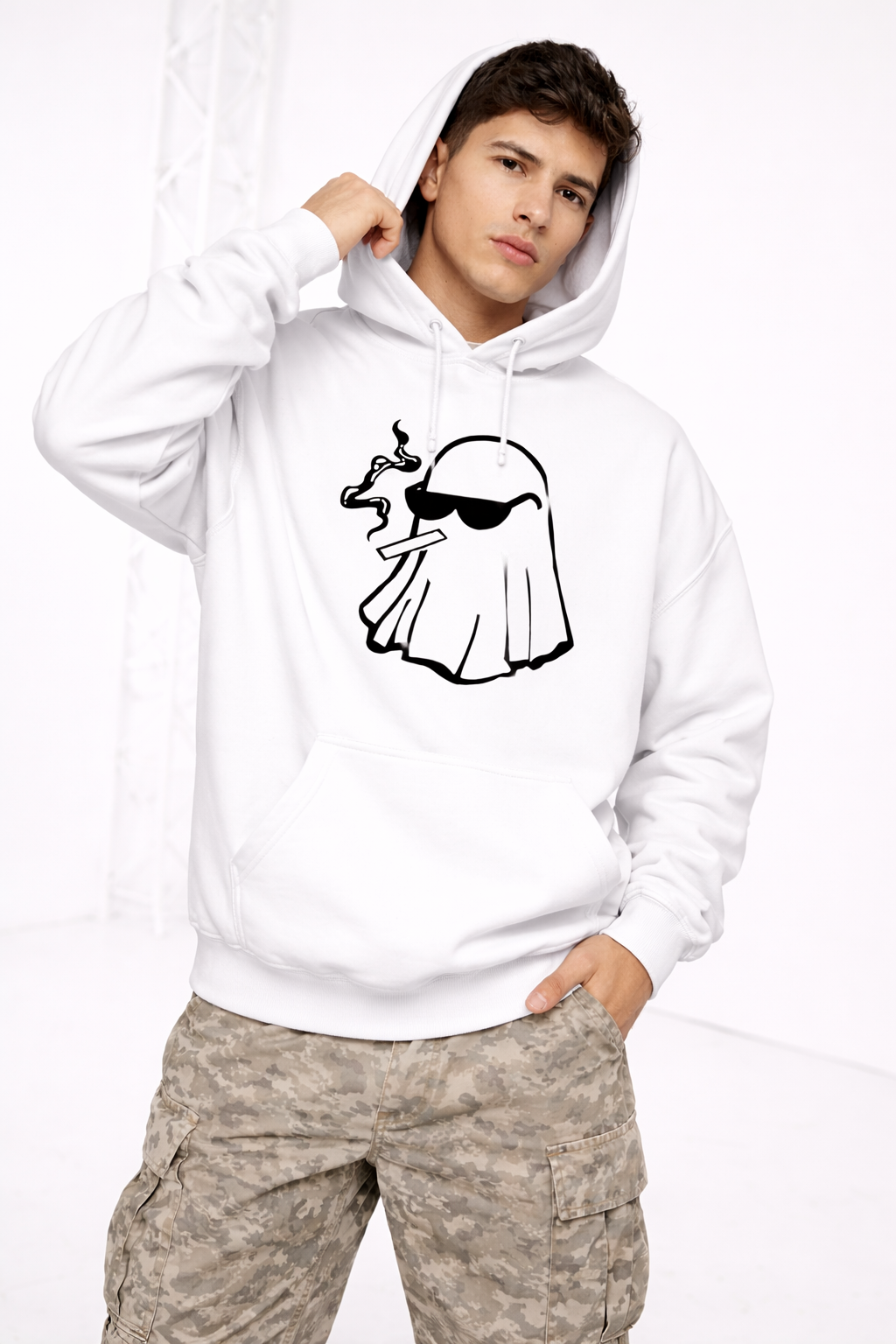 Smokin’ Ghost White Hoodie – Cool Cartoon Urban Ghost