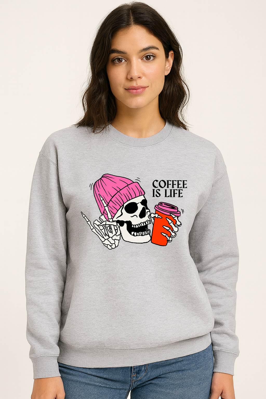 Coffee Is Life Skeleton Graphic Sweatshirt – Cozy Unisex Winter Pullover