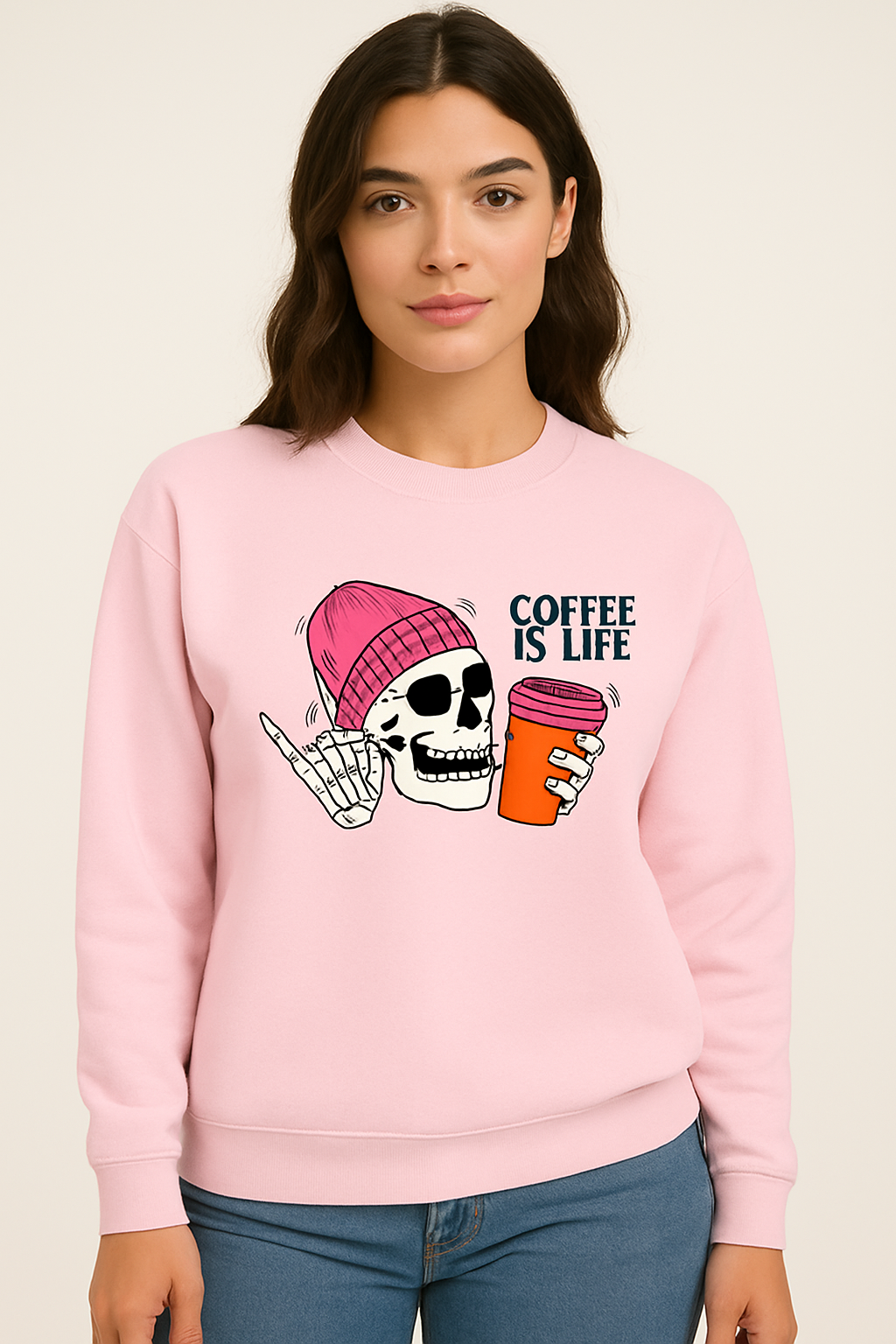 Coffee Is Life Skeleton Graphic Sweatshirt – Cozy Unisex Winter Pullover