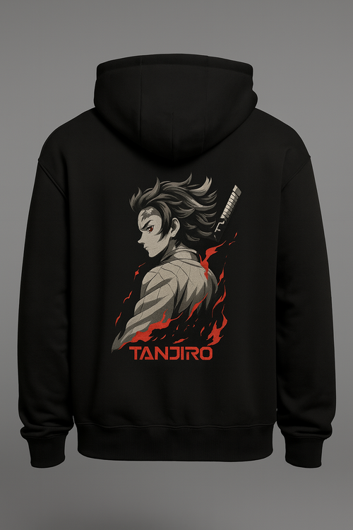 Black Tanjiro Kamado Flame Hoodie – Premium Unisex Anime Streetwear (Front & Back Print)