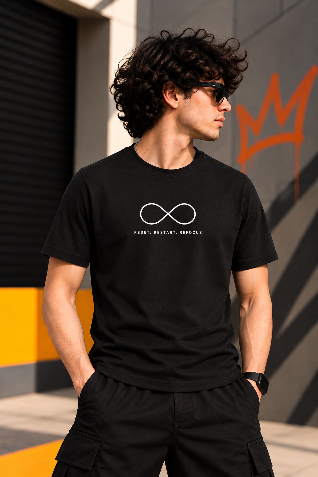Men’s Black Classic Crew Neck T-Shirt with Minimalist Infinity Graphic | Regular Fit Cotton Tee – Funky Forge