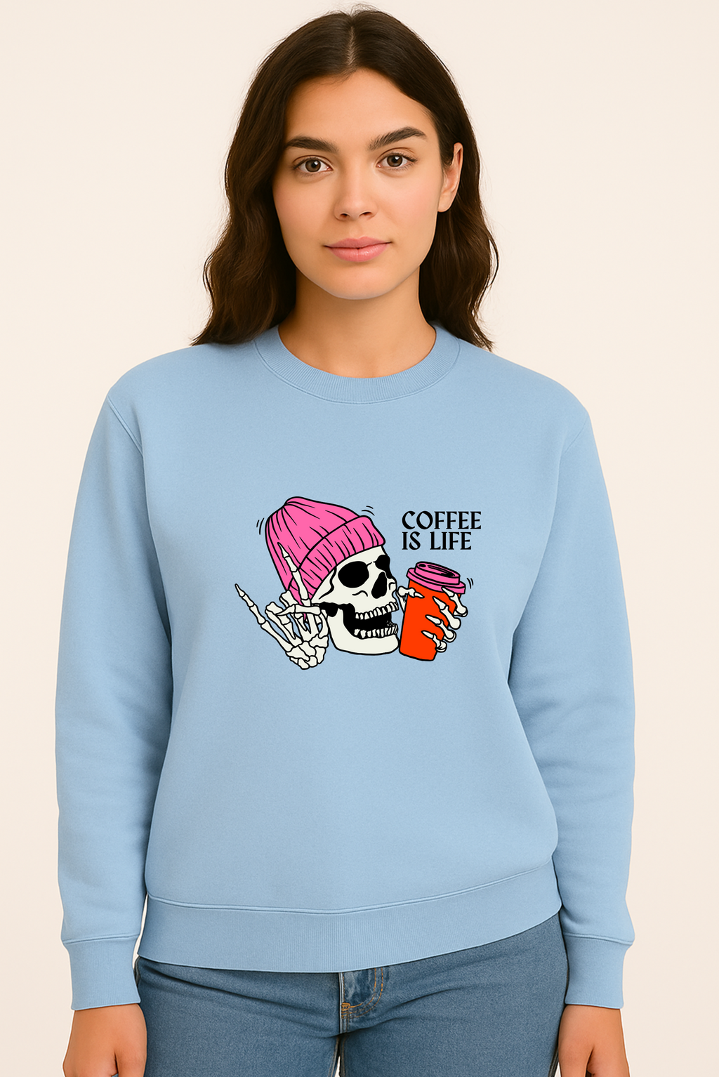 Coffee Is Life Skeleton Graphic Sweatshirt – Cozy Unisex Winter Pullover