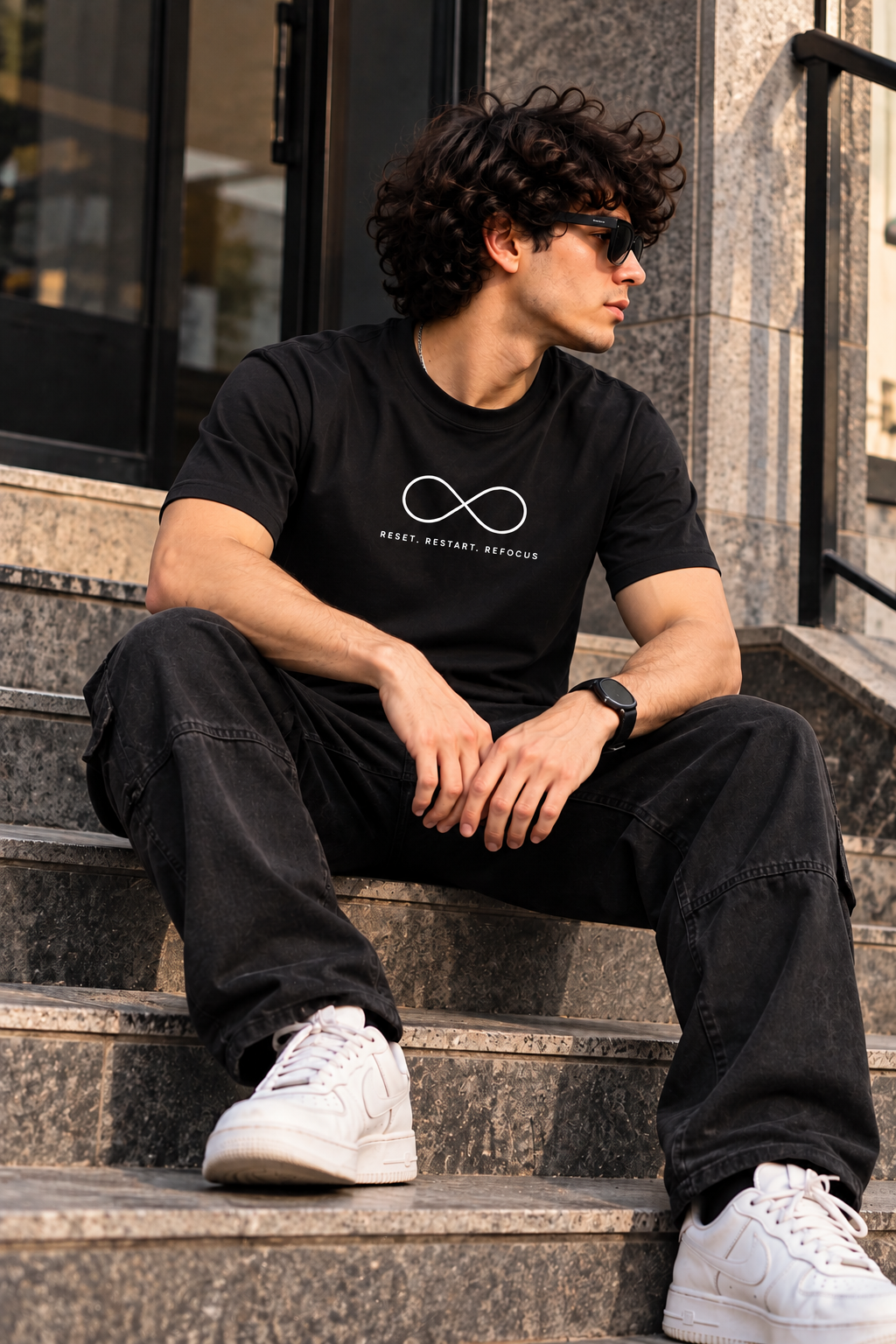 Men’s Black Classic Crew Neck T-Shirt with Minimalist Infinity Graphic | Regular Fit Cotton Tee – Funky Forge