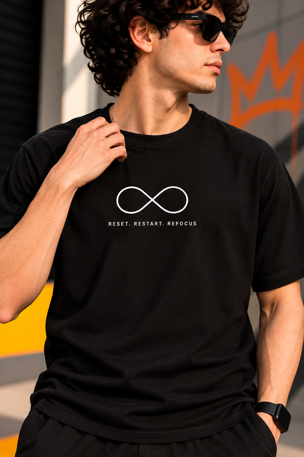 Men’s Black Classic Crew Neck T-Shirt with Minimalist Infinity Graphic | Regular Fit Cotton Tee – Funky Forge
